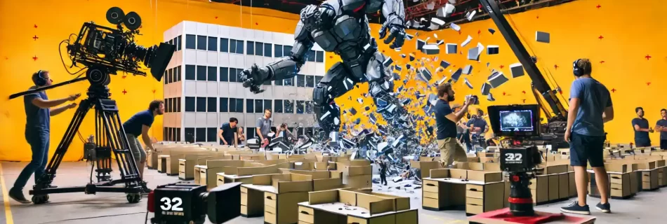 A dynamic scene showcasing a high-tech visual effects studio at work on a giant robot smashing through an office building, with a 3D camera rig follow