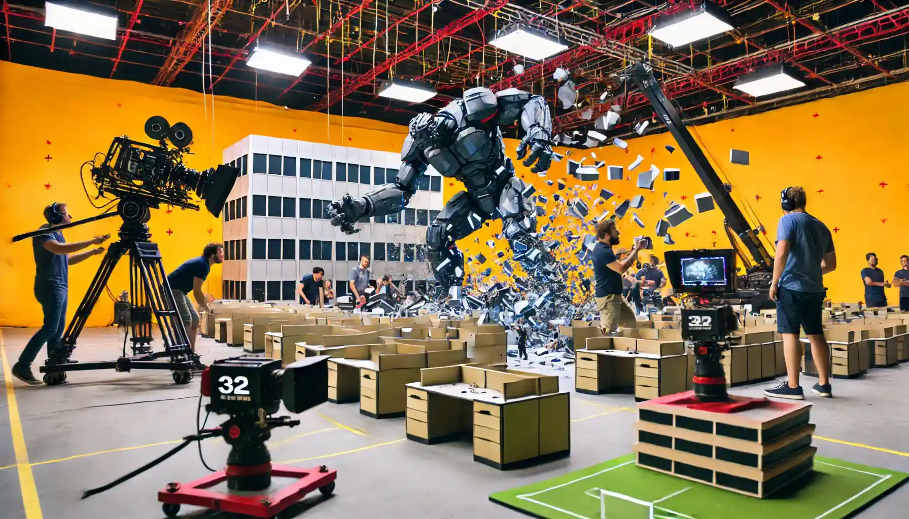 A dynamic scene showcasing a high-tech visual effects studio at work on a giant robot smashing through an office building, with a 3D camera rig follow