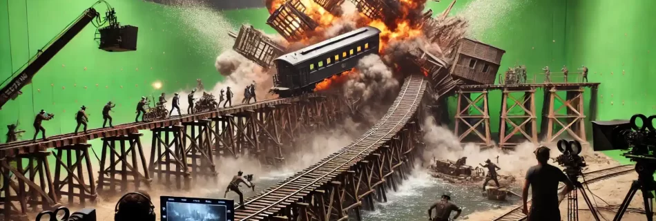 Here is the image depicting the scene where 32TEN Studios is working on the miniature train trestle bridge being blown up, capturing the dynamic and technical environment of the film production.