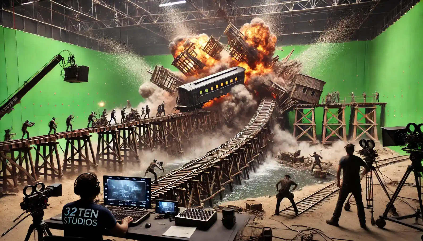 Here is the image depicting the scene where 32TEN Studios is working on the miniature train trestle bridge being blown up, capturing the dynamic and technical environment of the film production.